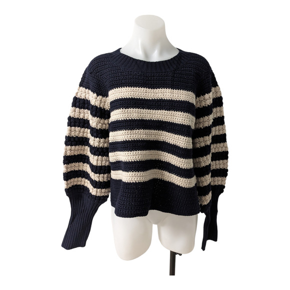 Sea Size XL Reese Popcorn Sweater Navy Cream Striped 100% Wool Knit Long Sleeves - Picture 1 of 12
